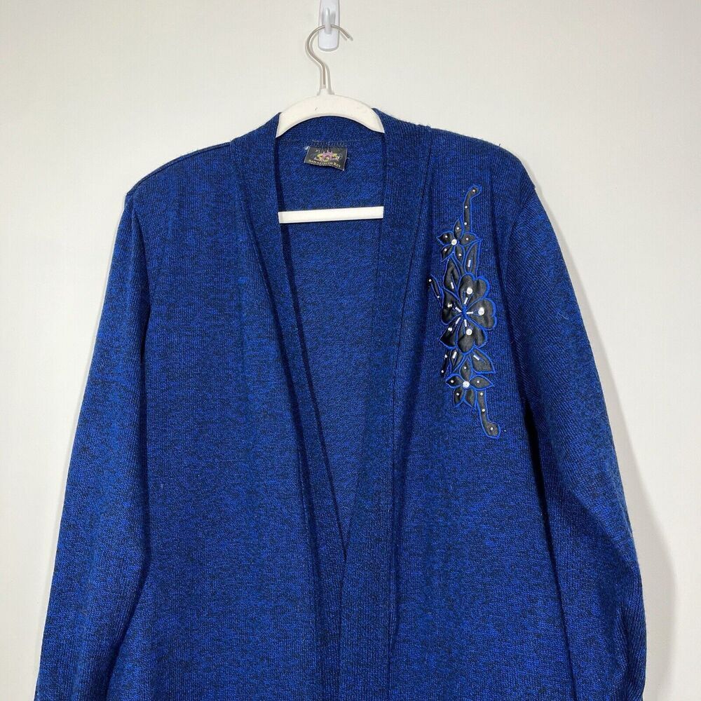 VINTAGE SAN MARCOS REY TURQUOISE LONG SWEATER CARDIGAN SIZE XL FLORAL APPLIQUÉ - Picture 3 of 9
